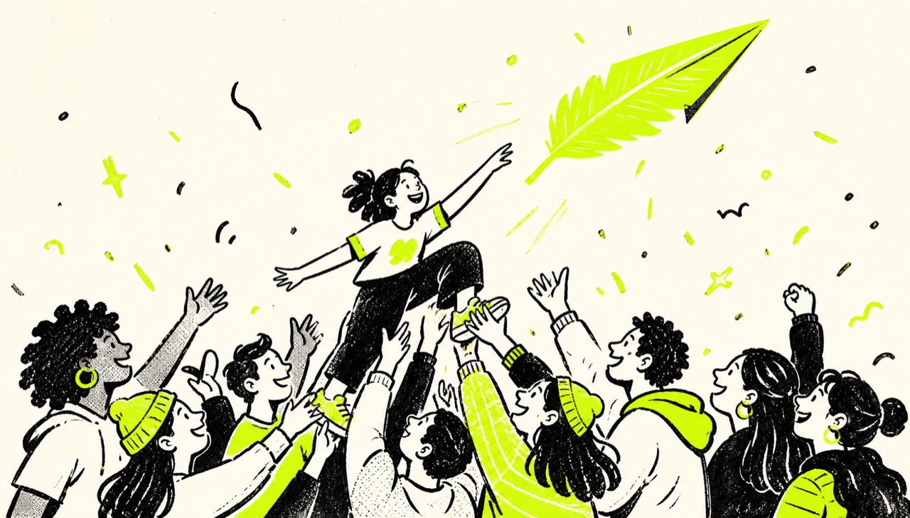 A community lifting one another toward a bright feather-shaped paper plane