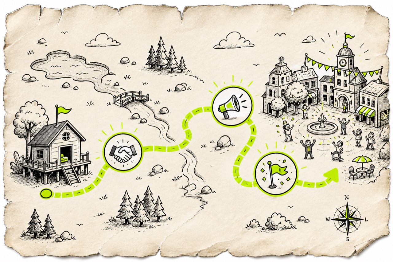 A hand-drawn map from a small clubhouse to a lively town square