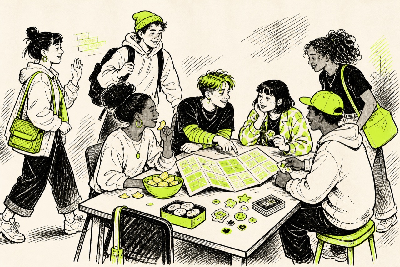 Friends gathering around a neighborhood table with snacks and a map