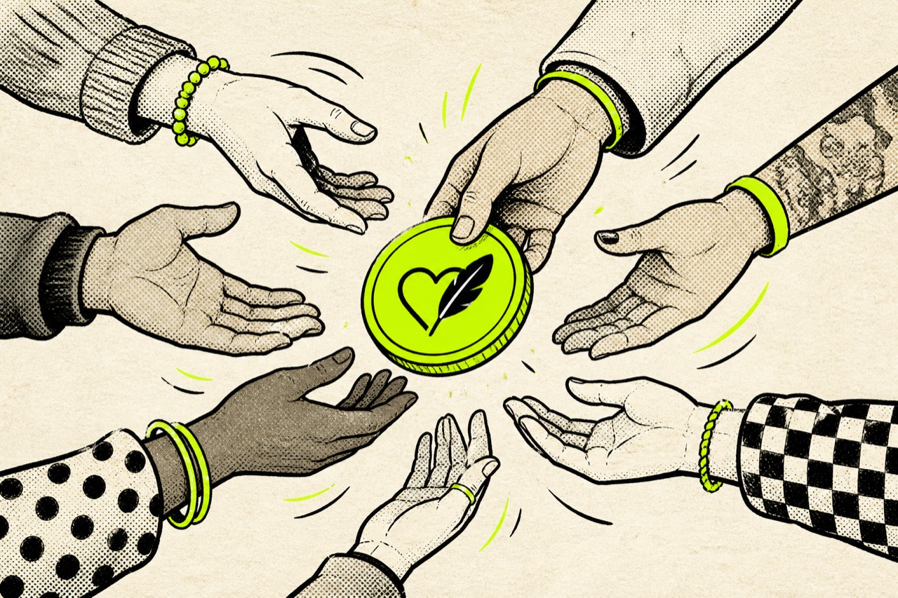 Many different hands passing a bright community token